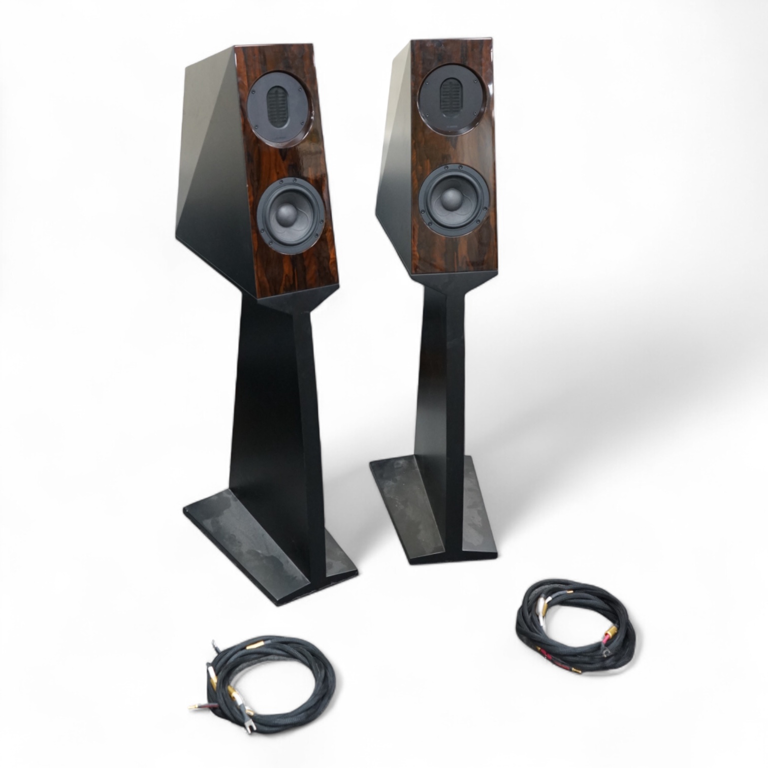 A pair of Kaiser Acoustics Kawero Chiara loudspeakers, made in Germany, high density plywood cabinets and integrated stands, with the fronts in the rosewood finish, 116cm high, the base; 30cm x 47cm, together with two fl